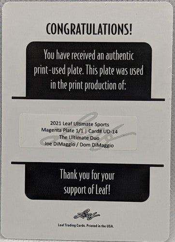 JOE / DOM DiMAGGIO 2021 Leaf Ultimate DUAL PRINTING PLATE 1/1 Yankees Red Sox of