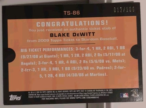 BLAKE DeWITT 2009 Topps Ticket To Stardom JUMBO STUB RELIC PATCH SP /110 Dodgers
