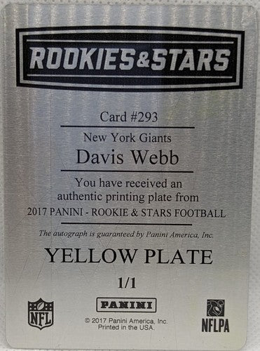 DAVIS WEBB 2017 Panini Rookies & Stars RC AUTO PRINTING PLATE #1/1 NY Giants of