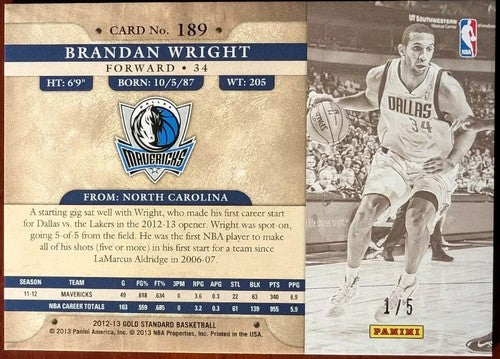 BRANDAN WRIGHT 2012-13 Panini Gold Standard 2013 National VIP #1/5 Mavs Warriors