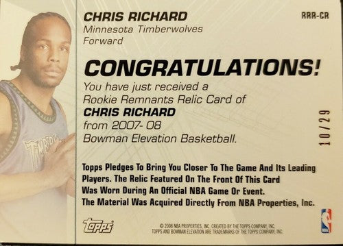 CHRIS RICHARD 2007-08 Bowman Elevation Remnants Jersey Relic Gold SP #/29 Wolves