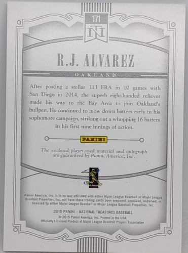 R.J. ALVAREZ 2015 National Treasures DUAL AUTO JUMBO Jersey PATCH #/49 Athletics