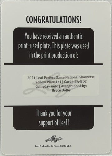BRYCE DOLBY 2021 Leaf Perfect Game National AUTO PRINTING PLATE #1/1 Red Sox of