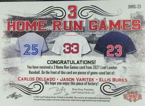 Jason VARITEK Ellis BURKS Carlos DELGADO 2021 Leaf Lumber TRIPLE Game Used BAT #