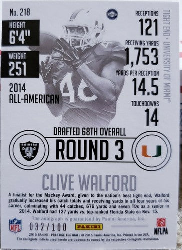 CLIVE WALFORD 2015 Panini Prestige RC AUTO SP #/100 Oakland Raiders Miami #218