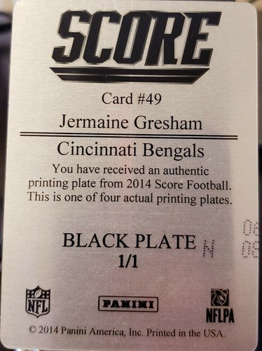 JERMAINE GRESHAM 2014 Panini Score Black PRINTING PLATE SP #1/1 of 1 Bengals #49