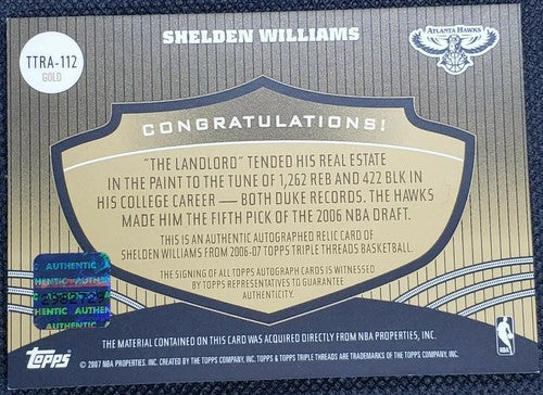 SHELDEN WILLIAMS 2006-07 Topps Triple Threads RC DUAL AUTO JERSEY PATCH Gold #/9