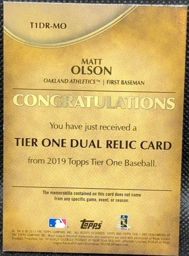 MATT OLSON 2019 Topps Tier One 1 DUAL Game Used JERSEY PATCH Relic SP #25/25 A's