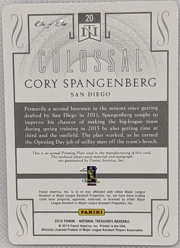 CORY SPANGENBERG 2015 National Treasures RC AUTO LAUNDRY TAG PRINTING PLATE #1/1
