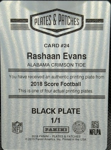 RASHAAN EVANS 2018 Panini Score RC PRINTING PLATE SP #1/1 Titans Patches One of