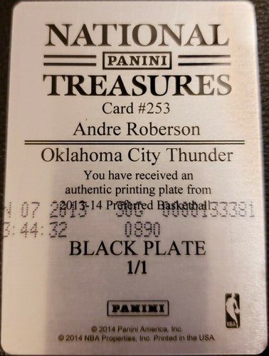 ANDRE ROBERSON 2013-14 Panini Preferred Black PRINTING PLATE #1/1 OKC Thunder RC