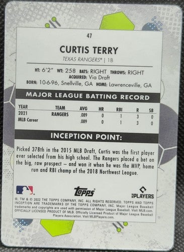 CURTIS TERRY 2022 Topps Inception RC PRINTING PLATE SP #1/1 Texas Rangers One of