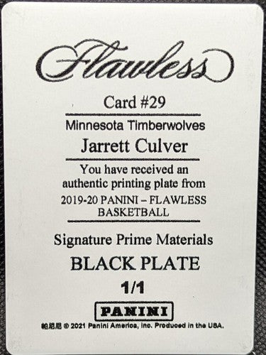 JARRETT CULVER 2019-20 Panini Flawless RC PRINTING PLATE #1/1 Timberwolves Hawks