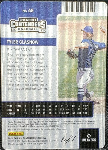 TYLER GLASNOW 2021 Panini Contenders PRINTING PLATE SP 1/1 Tampa Bay Rays One of