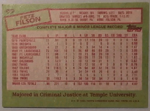 PETE FILSON 2017 Topps Rediscover SSP BUYBACK SILVER 1985 Minnesota Twins #97