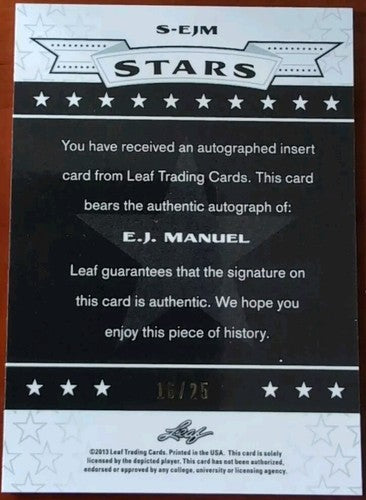 EJ MANUEL 2013 Leaf Valiant Stars RC AUTO ORANGE SP #/25 Bills Raiders FSU E. J.