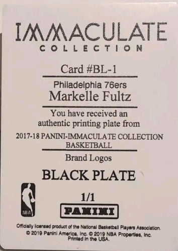 MARKELLE FULTZ 2017-18 Panini Immaculate Brand Logo RC PRINTING PLATE #1/1 76ers