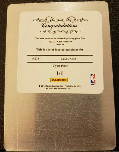 LAVOY ALLEN 2012-13 Panini Gold Standard PRINTING PLATE #1/1 76ers Sixers Pacers