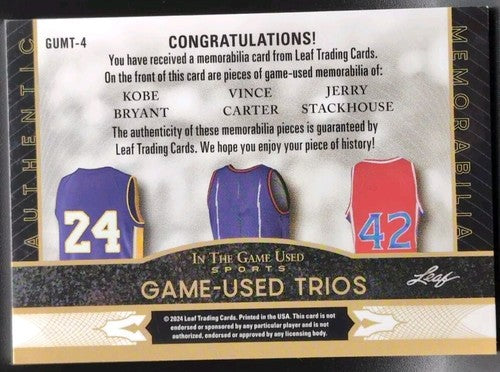 Kobe BRYANT Vince CARTER STACKHOUSE 2024 In The Game Used TRIPLE Jersey PATCH SP