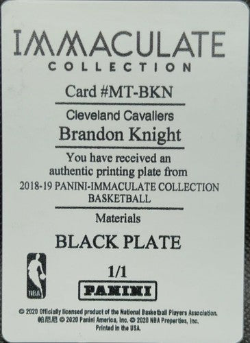 BRANDON KNIGHT 2018-19 Panini Immaculate Materials PRINTING PLATE SP #1/1 One of