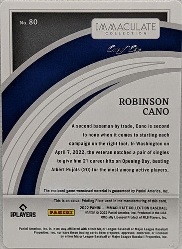 ROBINSON CANO 2022 Panini Immaculate Jersey PATCH PRINTING PLATE SP #1/1 Yankees