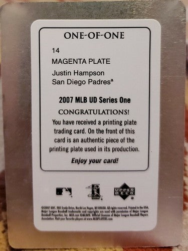 JUSTIN HAMPSON 2007 Upper Deck MLB UD Series 1 Magenta PRINTING PLATE #1/1 of 1
