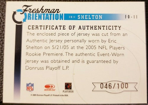ERIC SHELTON 2005 Leaf Rookies & Stars Class Officers Jersey PATCH /100 Panthers