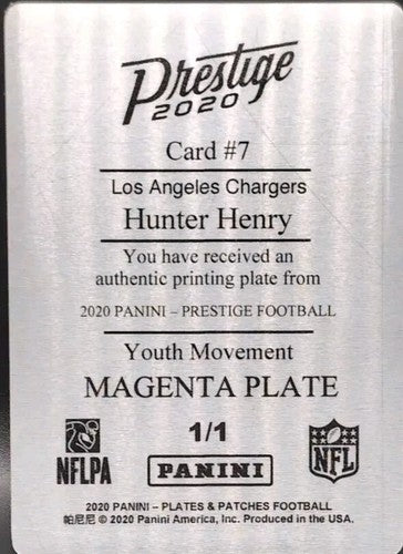 HUNTER HENRY 2020 Panini Prestige Youth Movement PRINTING PLATE SP #1/1 Chargers