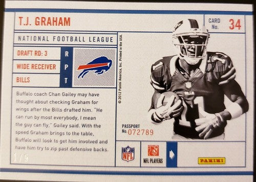 T.J. GRAHAM 2012 Panini Prestige Passport The National SP #1/5 EBAY 1/1 Bills TJ