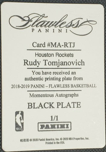 RUDY TOMJANOVICH 2018-19 Panini Flawless PRINTING PLATE SP #1/1 Rockets Blazers