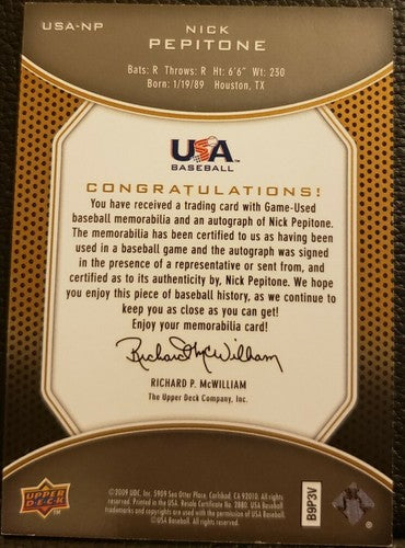 NICK PEPITONE 2009 Signature Stars Team USA DUAL AUTO Game Used JERSEY SP #/399