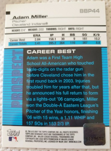 ADAM MILLER 2007 Topps Bowman's Best Prospect Rookie AUTO SP Cleveland Indians