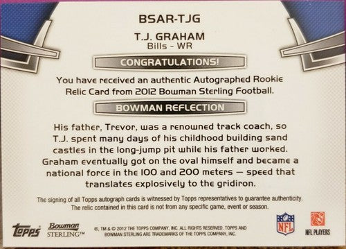T.J. GRAHAM 2012 Bowman Sterling Dual AUTO Jersey Patch Relic #BSAR-TJG Bills TJ