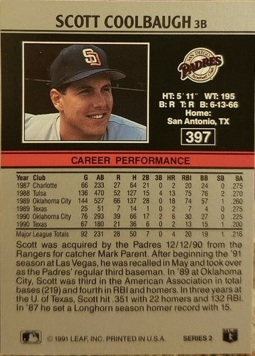 SCOTT COOLBAUGH 2013 Leaf Memories 1991 Series 2 Buy Backs SP #1/1 of 1 Buybacks