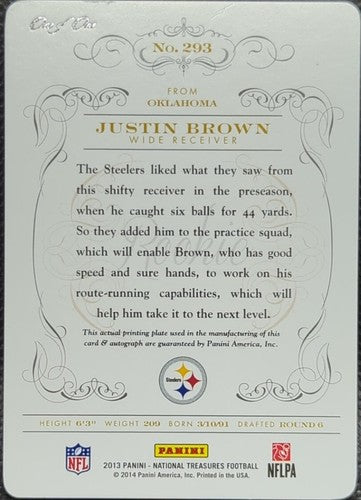JUSTIN BROWN 2013 Panini National Treasures RC AUTO PRINTING PLATE #1/1 Steelers
