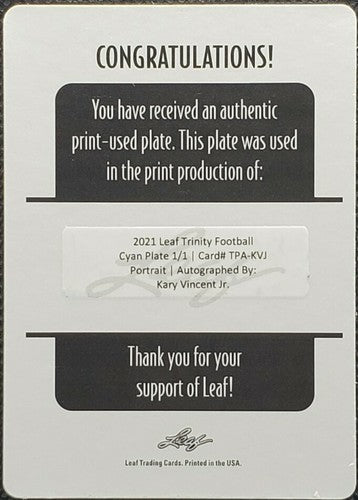 KARY VINCENT JR. 2021 Leaf Trinity RC AUTO PRINTING PLATE SP #1/1 Eagles Broncos