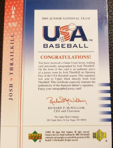JOSH THRAILKILL 2005 Upper Deck USA Dual AUTO Game Used Jersey SP #/360 Phillies