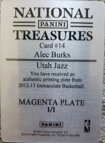 ALEC BURKS 2013-14 Immaculate Collection PRINTING PLATE #1/1 National Treasures