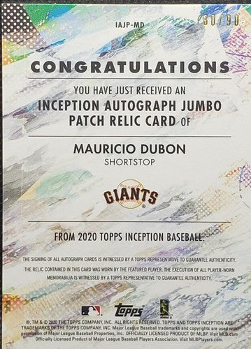 MAURICIO DUBON 2020 Topps Inception DUAL RC AUTO JUMBO JERSEY PATCH #/90 Giants