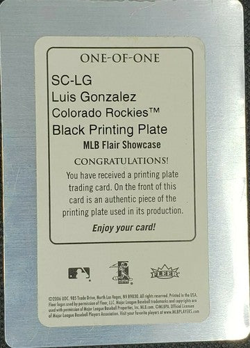LUIS GONZALEZ 2006 Flair Showcase Autographics PRINTING PLATE SP #1/1 Rockies LG