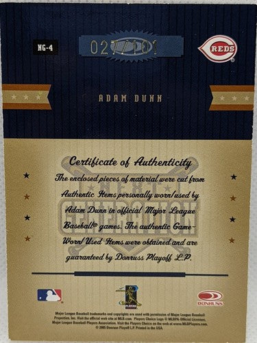 ADAM DUNN 2005 Donruss Prime Patches QUAD Shoe Bat Jersey Hat Laundry Tag # Reds