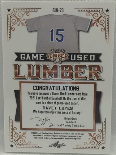 DAVEY LOPES 2021 Leaf Lumber JUMBO Game Used Bat Relic Patch SILVER #6/6 Dodgers