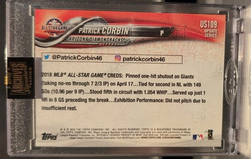 PATRICK CORBIN 2021 Topps Archives Signature 2018 All-Star AUTO SP #1/1 Rangers