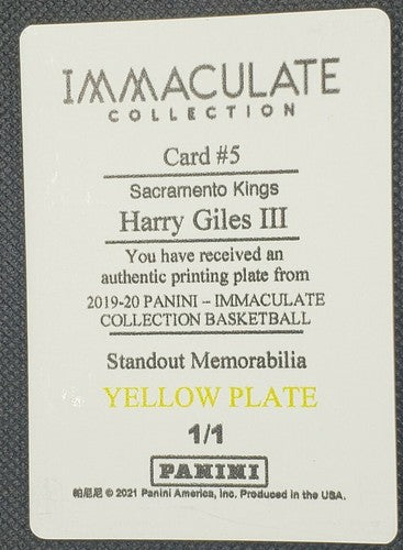 HARRY GILES III 2019-20 Panini Immaculate PRINTING PLATE SP #1/1 Kings One of