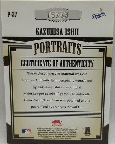 KAZUHISA ISHII 2005 Prime Patches Portraits Game Used Jersey SLEEVE LOGO SP #/33