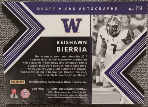 KEISHAWN BIERRIA 2018 Panini Elite Draft Picks Status AUTO Blue SP #7/25 Broncos