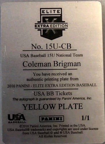 COLEMAN BRIGMAN 2016 Panini Elite Extra Edition AUTO PRINTING PLATE #1/1 Broncos