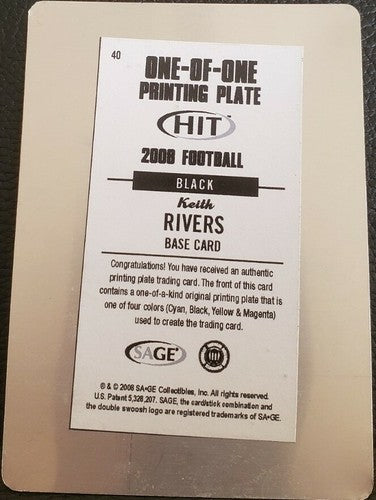 KEITH RIVERS 2008 Sage Hit RC PRINTING PLATE SP #1/1 Bengals Giants USC Trojans