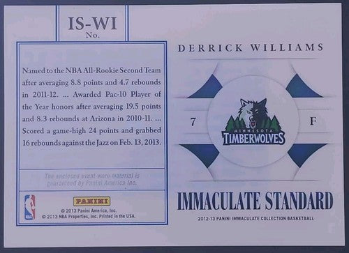 DERRICK WILLIAMS 2012-13 Panini Immaculate Standard RC JUMBO JERSEY #/75 Wolves