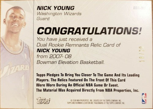 NICK YOUNG 2007-08 Bowman Elevation Remnants Dual Jersey #/29 Wizards Lakers RC